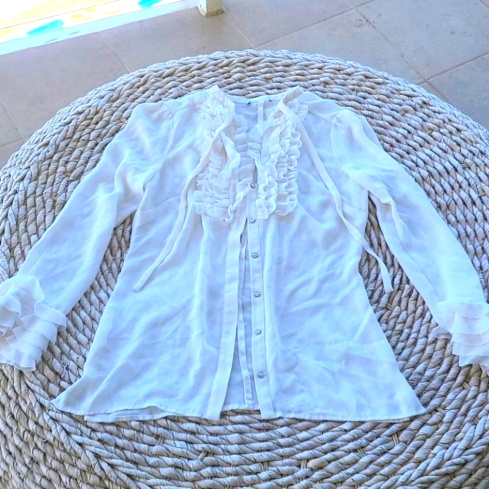 Cream Ruffled Bib Collar Button Down Top